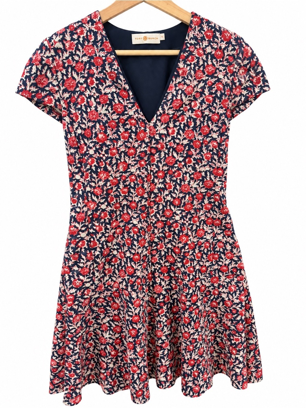 Tory Burch Coral and Navy Floral V-Neck Mini Dress